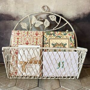 Vintage Chippy Iron Wall Mount Mail/Stationary Organizer, Shabby Chic, Cream